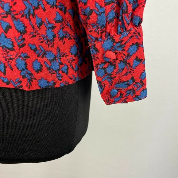 J. Jill Petite XS Red Blue Patterned Rayon Button Down Long Sleeve - Picture 7 of 8